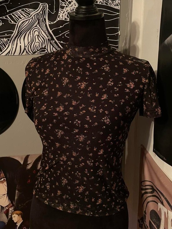 Ultra Flirt Tops - Ultra Flirt Black Mock Neck Short Sleeve Top with Pink Floral Print